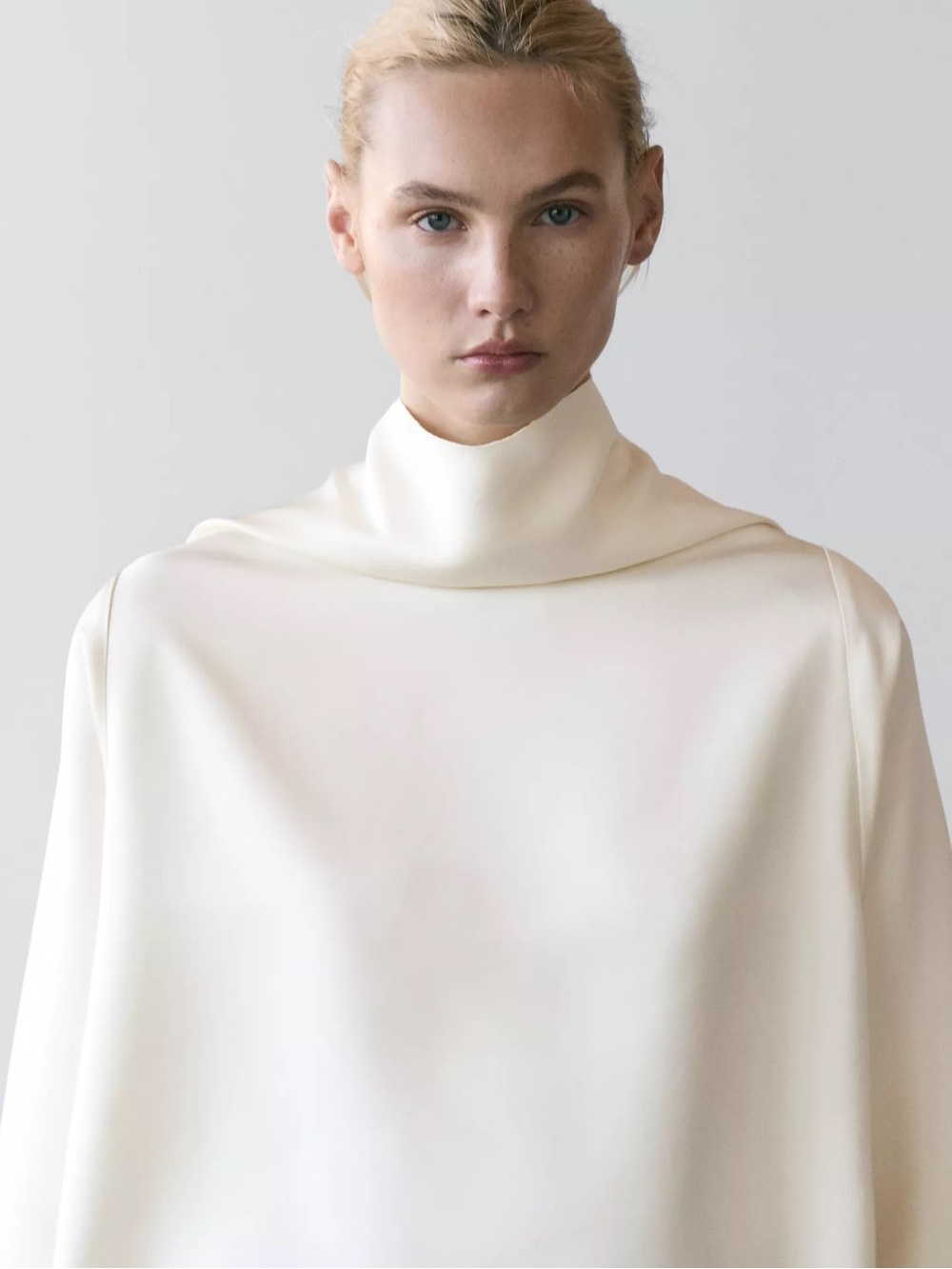 Massimo Dutti Studio Satin Elegant Cream High-Neck Long-Sleeve Top